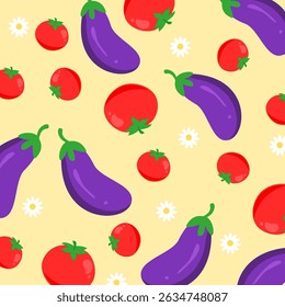 Tomato and eggplant seamless pattern with flower decoration. Vegetable illustration. Healthy food vector. Can be used for wallpaper, paper wrapping, kitchen element and fashion fabric