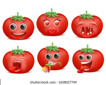 Tomato emoji cartoon character set. Various emotions. Funny, love, romantic, pain Vector collection