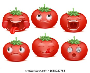 Tomato emoji cartoon character set. Various emotions. Happiness, yummy, sadness, shock shout Vector collection