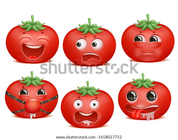 Tomato emoji cartoon character set. Various emotions. Passion, Bdsm