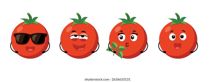 Tomato emoji character set with funny, flirty, surprised, and cool expressions — isolated vegetable illustration for kids, food designs, emoji pack, culinary blog, printable stickers