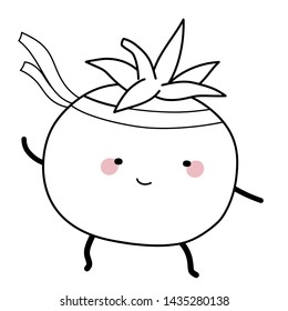 Tomato is engaged in karate wrestling. Cute kawaii cartoon vegetable. Doodle veggie character on white background. Vector line illustration for kids design, colorings.