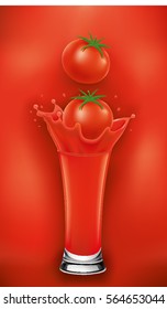 tomato falling to juice splash on red background