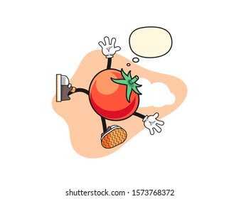Tomato falls from sky with thought bubble cartoon. Mascot Character vector.