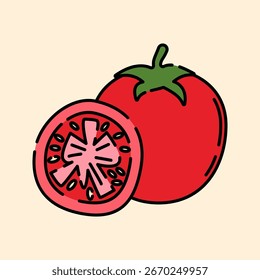 Estilo de diseño plano de tomate, tomates enteros y en rodajas, icono de ingredientes versátil para cocinar, recetas e ilustraciones culinarias.