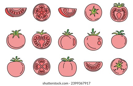Tomato food icons set. Outline set of tomato food vector icons thin line color flat on white
