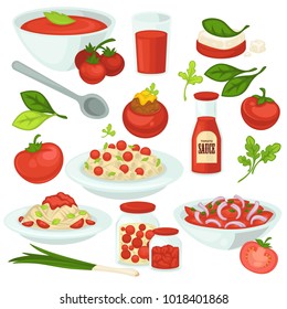 Tomato food meals, salads and dishes with tomatoes vegetable ingredient.
