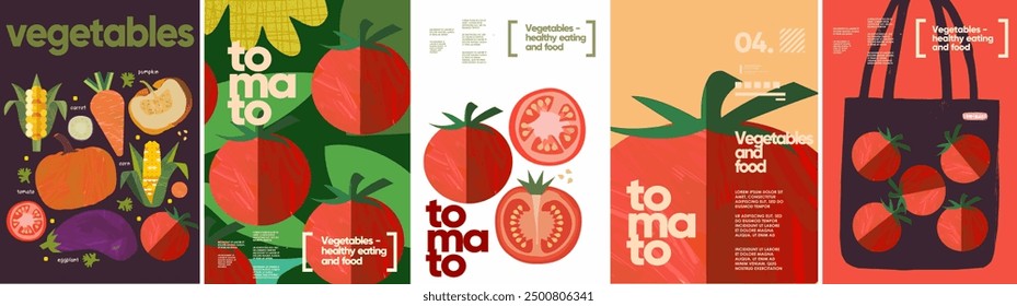 Tomate, Lebensmittel und Gemüse. Vektormoderne abstrakte Illustration von Tomaten einzeln auf weißem Hintergrund, in Tasche und Muster für Hintergrund, Poster, Flyer oder Broschüre Abdeckung