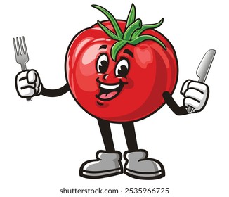 Tomato with Fork and Knife, Cartoon Mascot Illustration Character Vector Clip-Art Hand-Drawn Logo Design