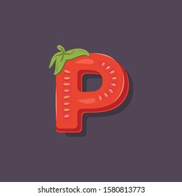 Tomato in a form of letter P - vegetable lettering design. Vector illustration.