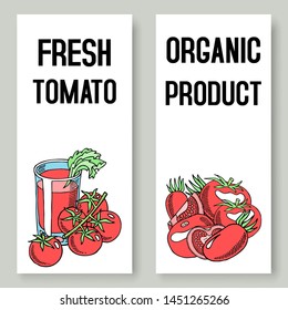 Tomato fresh juice background set of banners vector illustration. Healthy food. Glass of organic drink. Natural products. Elements for menu, bar advertisement. Cherry tomatoes.
