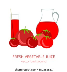 Tomato fresh juice, vegetables, vector background, healthy eating, postcard