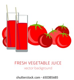 Tomato fresh juice, vegetables, vector background, healthy eating, postcard