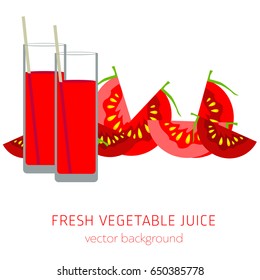 Tomato fresh juice, vegetables, vector background, healthy eating, postcard