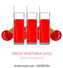 Tomato fresh juice, vegetables, vector background, healthy eating, postcard