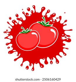 Tomato. Fresh ripe red whole tomato vegetable with leaves. Vector sketch icon. Tomato juice splash. Ketchup emblem. Tomato with splashing juice illustration isolated on white. Vector illustration