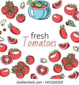 Tomato fresh sauce with garlic background banner vector illustration. Healthy food. Glass of organic drink. Natural products. Elements for menu, bar advertisement. Cherry tomatoes.