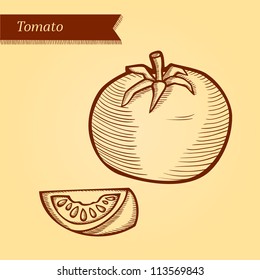 Tomato, fresh vegetables. Retro style. Easily editable vector. Vegetable on the yellow retro background. Isolated vector.