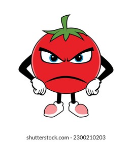 Tomate Fruchtkartoon Maskottchen mit wütendem Gesicht. Vektorgrafik von rotem Tomatenzeichen mit verschiedenen süßen Ausdrücken