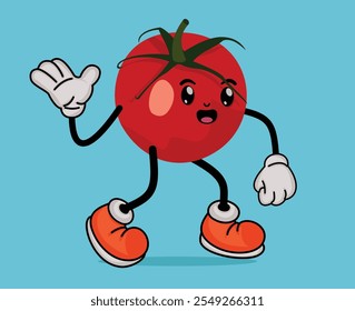 Mascote de desenho animado de frutas de tomate Mão ondulando com expressão feliz em estilo de desenho animado plano ou mascote de desenho animado de frutas de tomate com braços e pernas