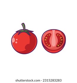 Diseño de la Ilustración del Vector de Caricaturas de Frutas de Tomate. Ilustración Premium de Fruits Aislada.