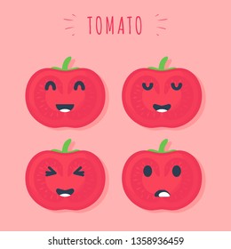 Tomato fruit with cute kawaii faces, cute vegetable characters with phrases, isolated white - Vector