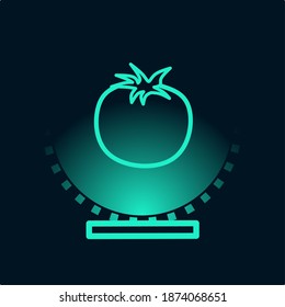 Pantalla de holograma de frutas de tomate. Ilustración vectorial de diseño digital de tomate con proyector de luz. Fruta en estilo de icono holográfico.
