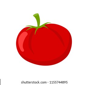 Tomato fruit, ripe veggie isolated on white in cartoon style. Red vegetable with green stalk for salad flat design, color dieting organic food vector icon