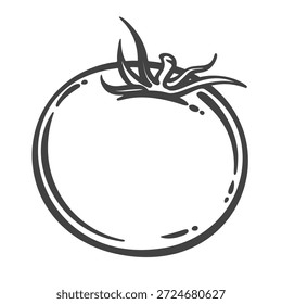 Fruta de tomate con forma redonda, piel lisa y tallo frondoso. Tomate fresco producido, vegetal natural, forma botánica. Estilo de grabado monocromático de contorno, arte de línea vintage. Ilustración vectorial.