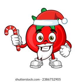 Tomato fruit santa cartoon character holds christmas candies