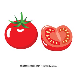 Fruto de tomate entero y medio aislado icono. Ilustración vectorial.
