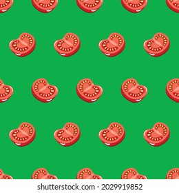 Fruto de tomate entero y medio rebanado sobre fondo verde sin soldadura patrón. Ilustración vectorial.