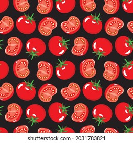 Tomato fruit whole and half slice on black background seamless pattern. Vector illustration.