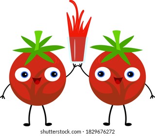 Tomato funny cartoon characters smiling and holding a transparent glass with juice concept of agriculture and drink object on white background