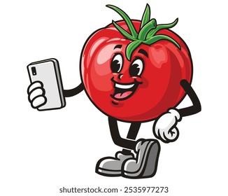 Tomato with Gadget, Cartoon Mascot Illustration Character Vector Clip-Art Hand-Drawn Logo Design