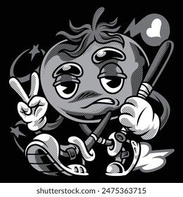 Tomato Gang Retro Cartoon in Black and White Illustration