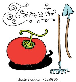 tomato with garden tools