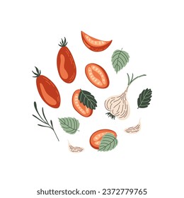 Tomato, garlic and basil. Set of fresh vegetables. Ingredients for making sun-dried tomatoes. Food collection. Flat style vector illustration.