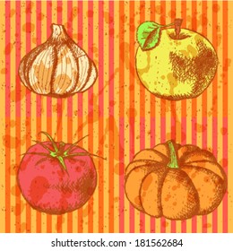 Tomato, garlic, pumpkin and apple sketch, vector set