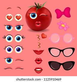 Tomato girl emoji maker, smiley creator. Vector design collection of emoticon body parts and accessories for your own cool emoji creation.