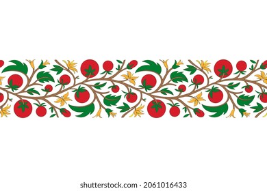 Tomato Graphic Style Motif Doodle Pattern Seamless Vine Border. Small Red Tomatoes, Yellow Flowers, Green Leaves Isolated Elements On A White Background. Decorative Geo Ornament Vector Graphics Design