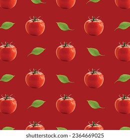 tomato and green leaf vector pattern isolated on red background