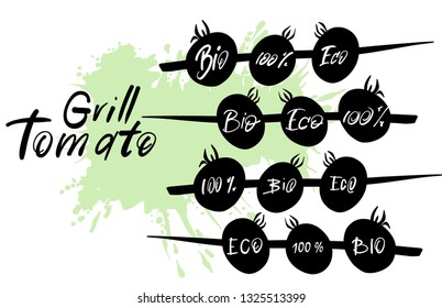 Tomato grill. Hand drawn vector illustration BBQ Tomato on sketching style. Hand letters: bio, eco. Vector illustration.