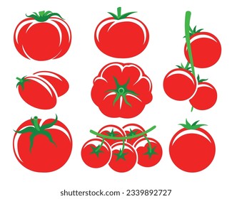 Tomato group elements. Red and green tomatoes symbols, summer different tomatos vegetables set for cooking compositions isolated on white background