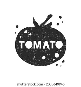 Tomato grunge sticker. Black texture silhouette with lettering inside. Imitation of stamp, print with scuffs. Hand drawn isolated illustration on white background