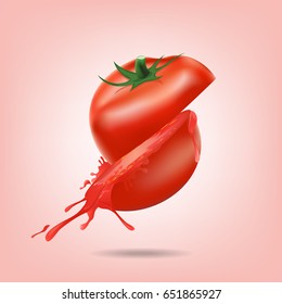 Tomato half cut in splash on pink background, vector illustration.