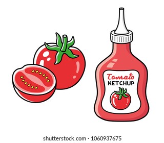 Tomato with half and ketchup bottle isolated