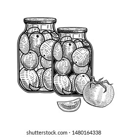 Tomato hand drawn illustration. Pickled tomatoes in a glass jar.