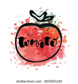 Letras dibujadas a mano con tomate. Ilustración vectorial. Concepto de comida orgánica, mercado de agricultores, diseño de productos naturales, logotipo de tomate, banner, volante, insignia, ícono. 