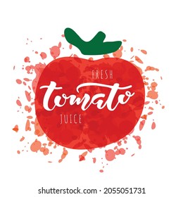 Tomato hand drawn lettering. Vector illustration. Concept for organic food, farmers market, natural product design, tomato logo, banner, flyer, badge, icon. 